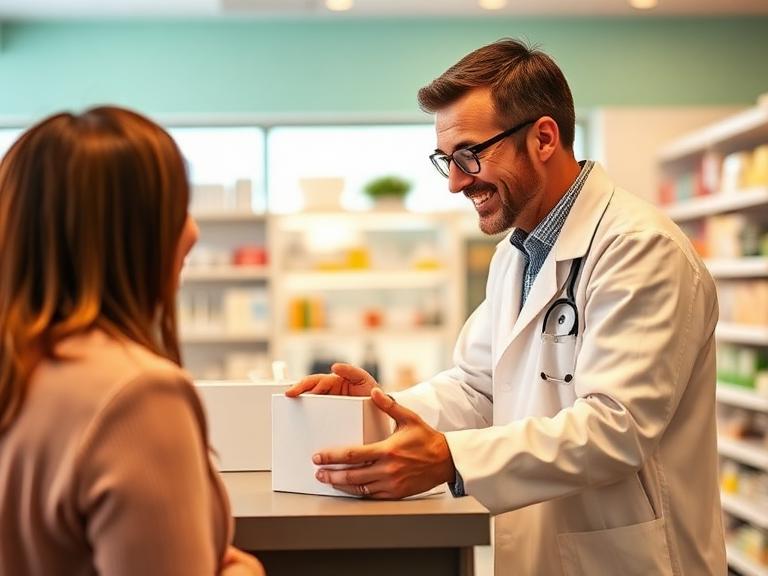 A pharmacist explaining medicine to a customer at the counter