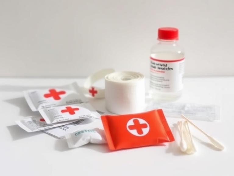 Plasters, gauze bandage and antiseptic first aid supplies