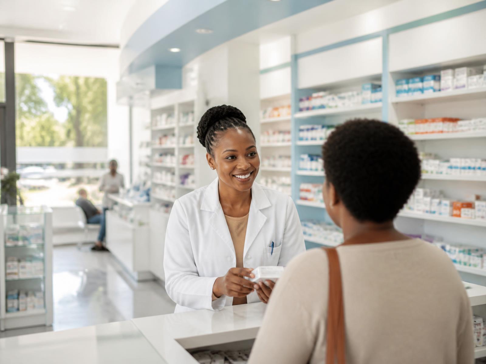 Inside Litien Pharmacy — a pharmacist assisting a customer at the counter