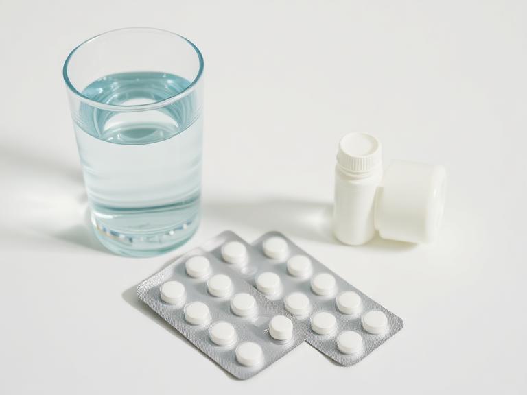 Pain relief tablets in blister packs beside a glass of water