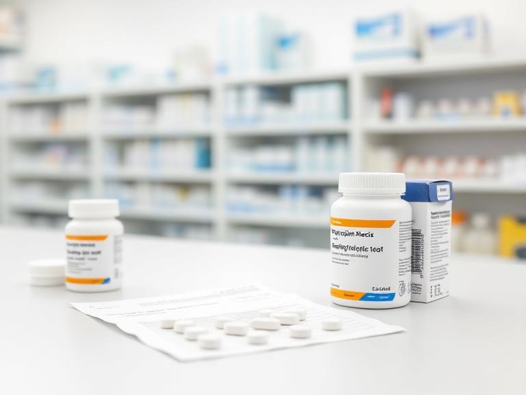 Prescription medicine boxes, pill bottles and a script on a pharmacy counter